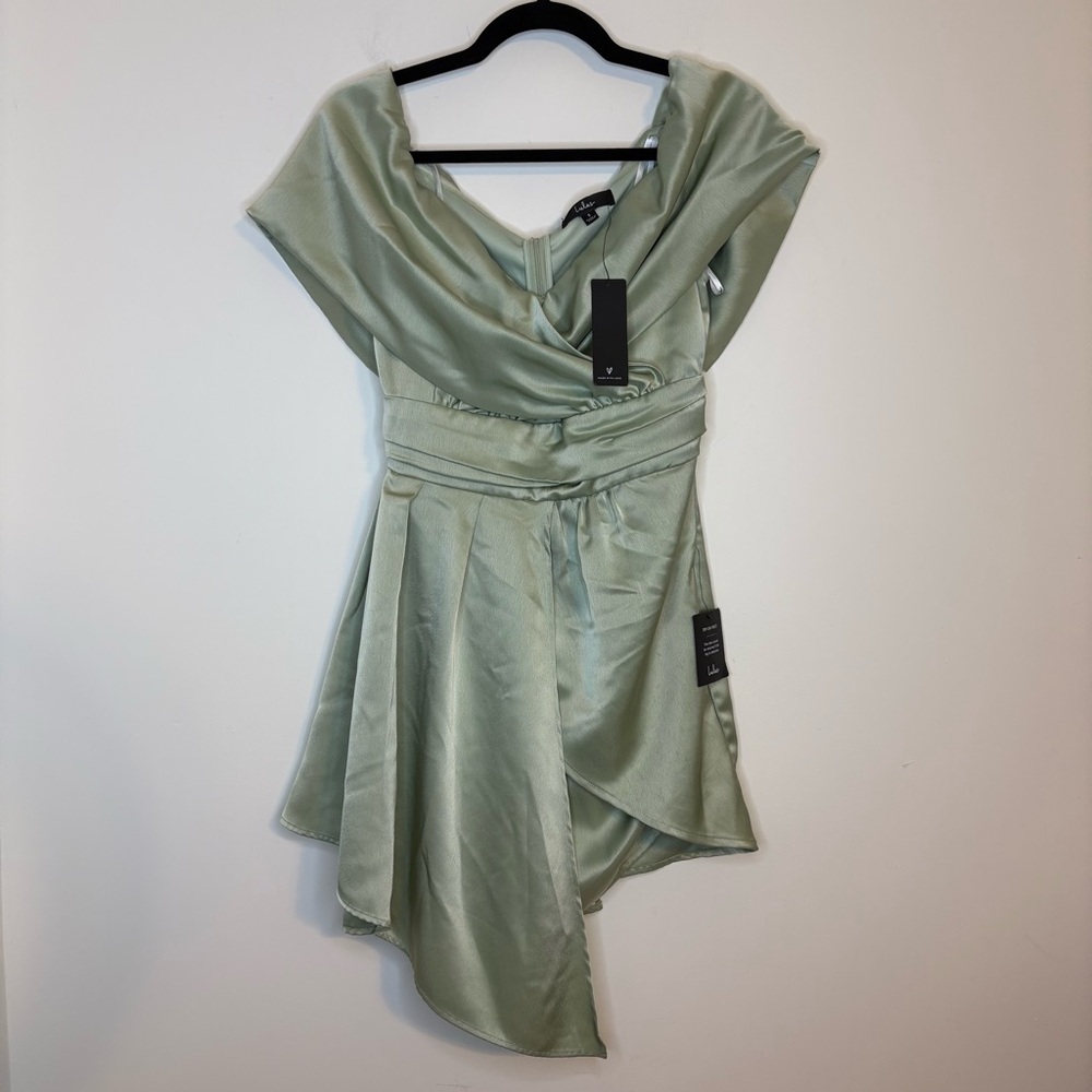 NWT Lulu's Asymmetrical Always Celebrating Sage Satin Mini Dress Size Small